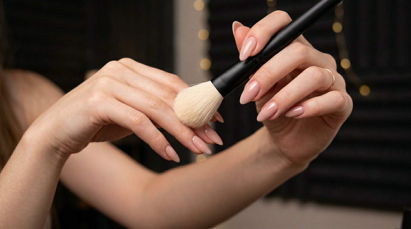 First-person view of hands performing a gentle brushing motion — the visual perspective of personal-attention ASMR content.