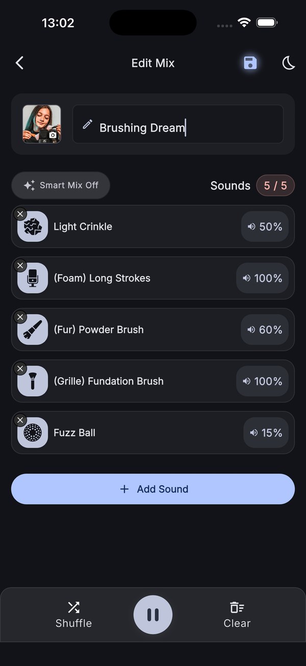 Tingles ASMR custom mix editor with multiple trigger layers and per-layer volume sliders.