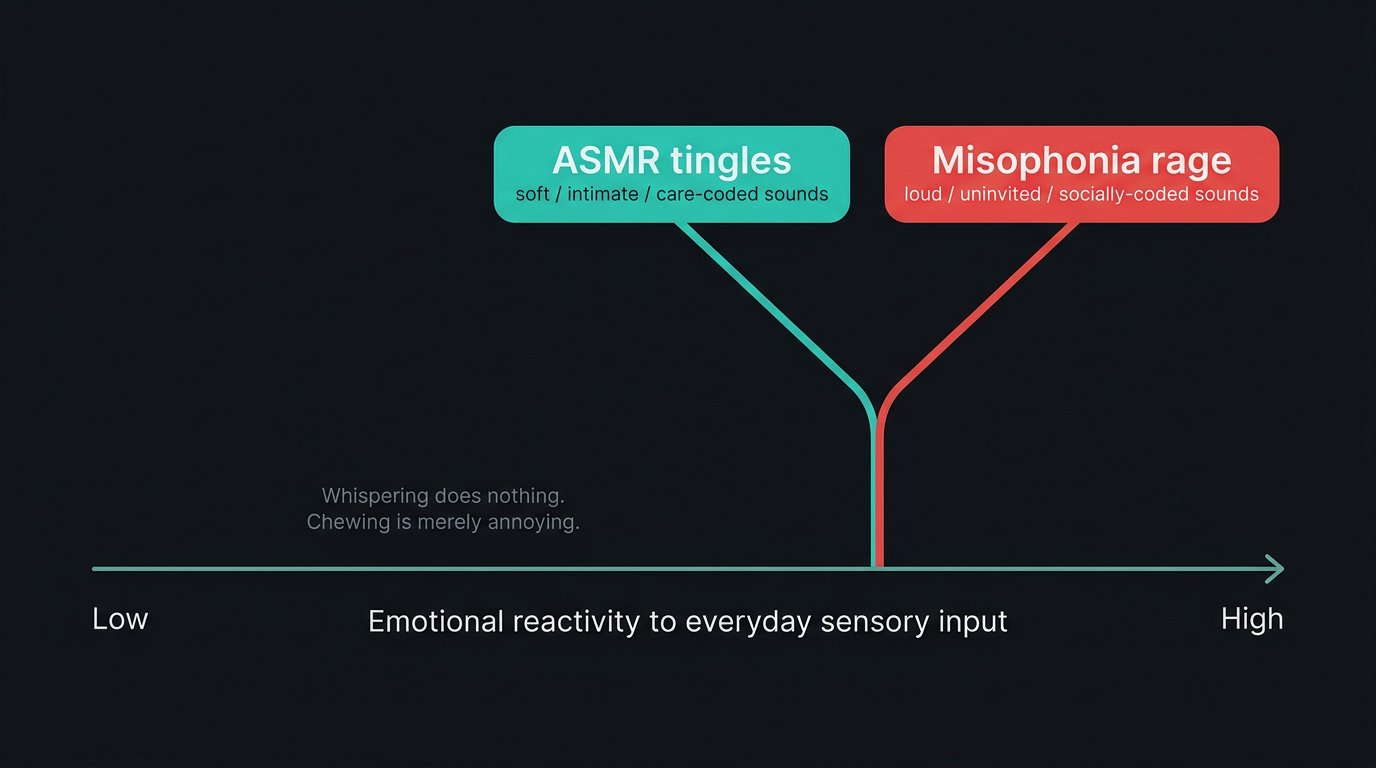 Diagram showing that high sensory-emotional reactivity produces ASMR tingles in soft, intimate contexts and misophonic rage in loud, uninvited contexts, with low reactivity producing neither response.